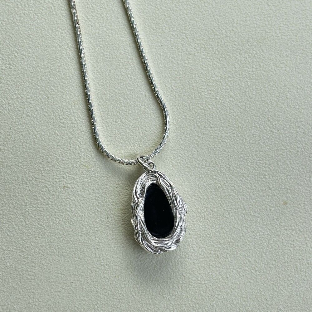 925 Sterling Silver Adjustable Lariat Necklace with Black Onyx Pendant 26” 10.8g - Picture 6 of 8